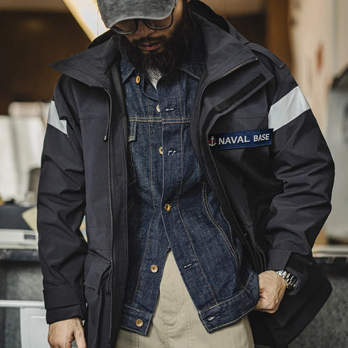 Retro Mid-length Navy Parka – Windproof Hooded Jacket for Autumn and Winter